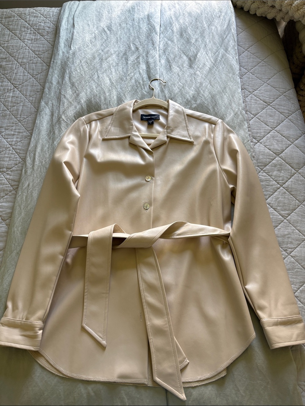 Fifteen Twenty Cream Satin-Look Belted Trench Shirt